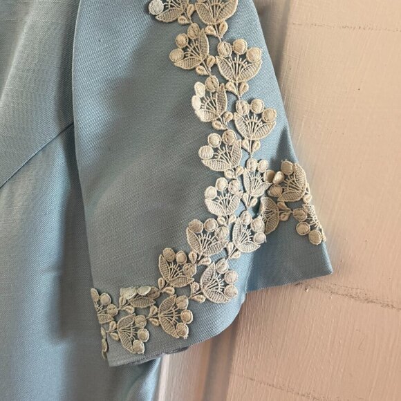 Vintage Emma Domb 60's Blue Jackie O Lace Detail Sleeves Midi Bow Dress Sz 11 - Picture 13 of 13